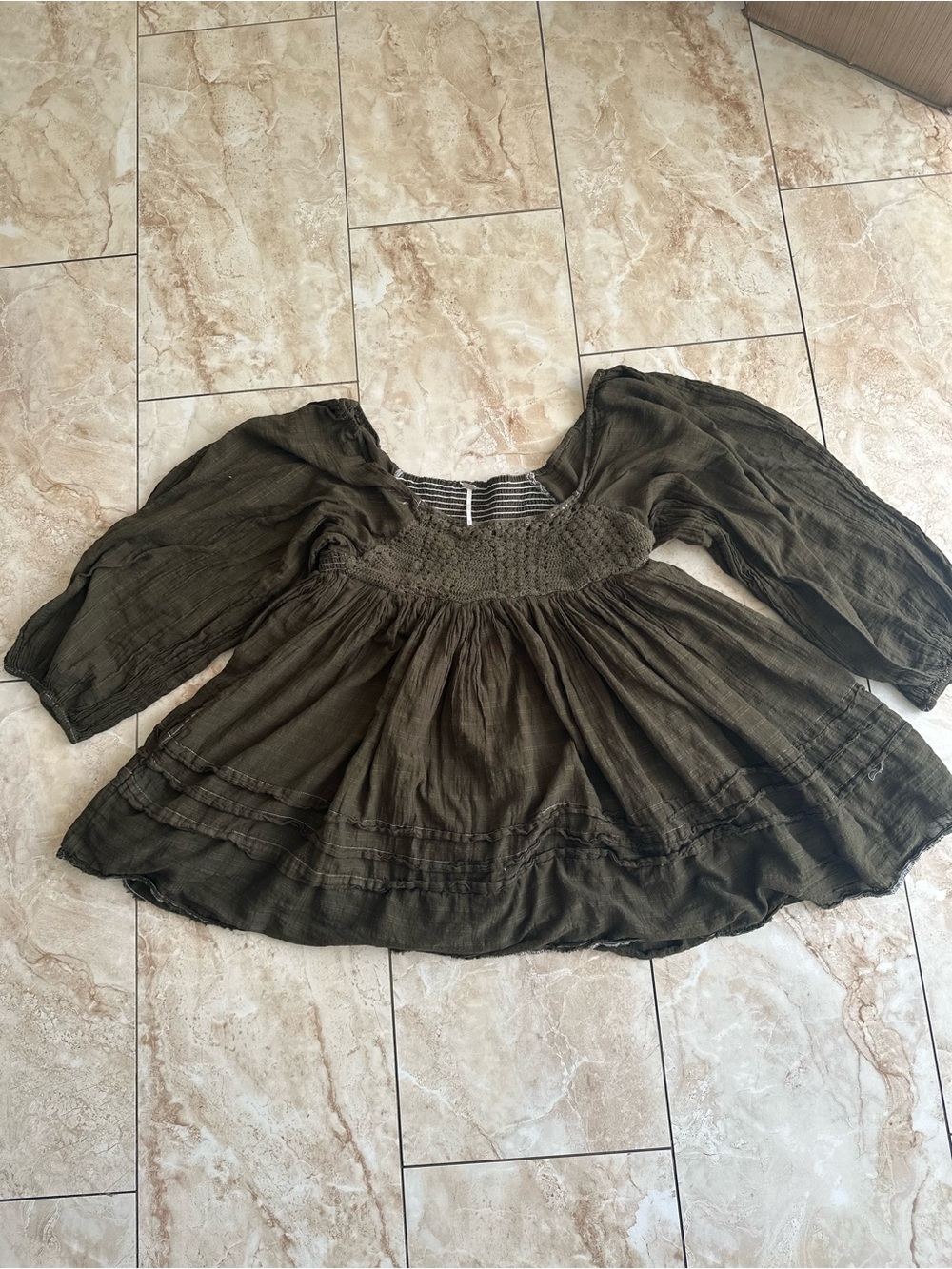 Free People Olive Peasant Tunic with Smocked Waist - Picture 5 of 9